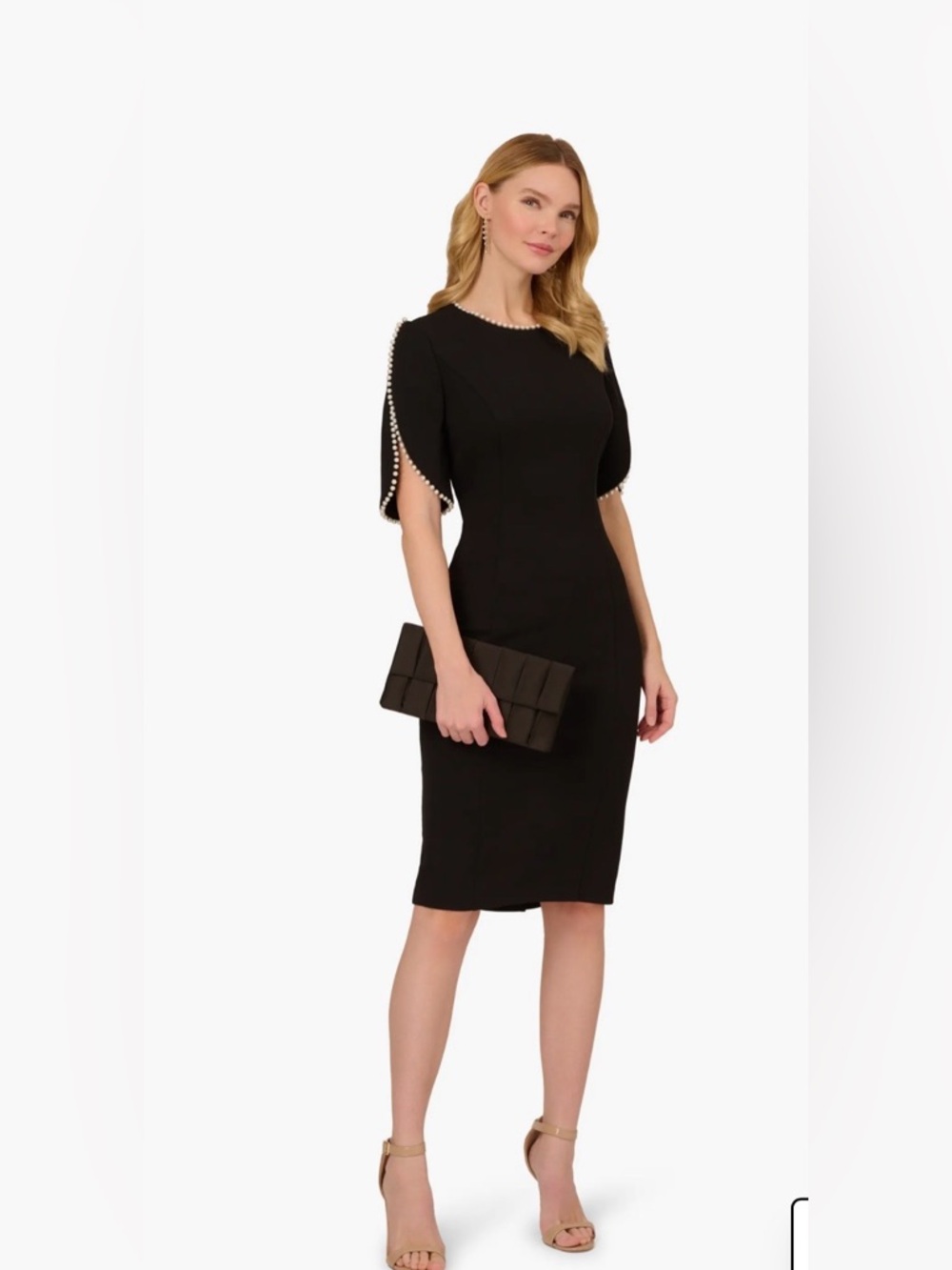Adrianna Papell Black Knit Crepe Midi Dress with Pearl Detail